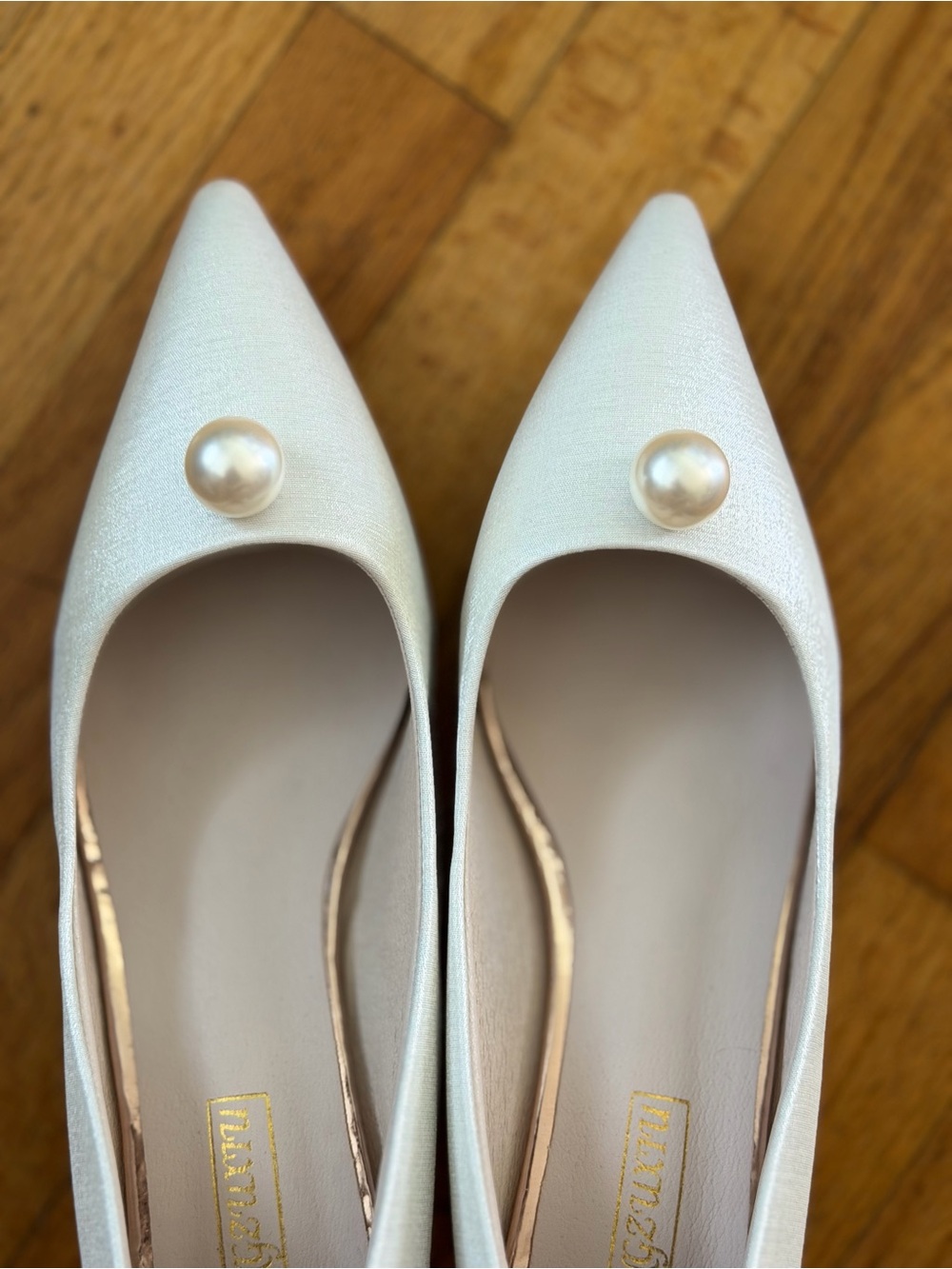Ivory Pearl-Embellished Pointed Toe Women’s Flats